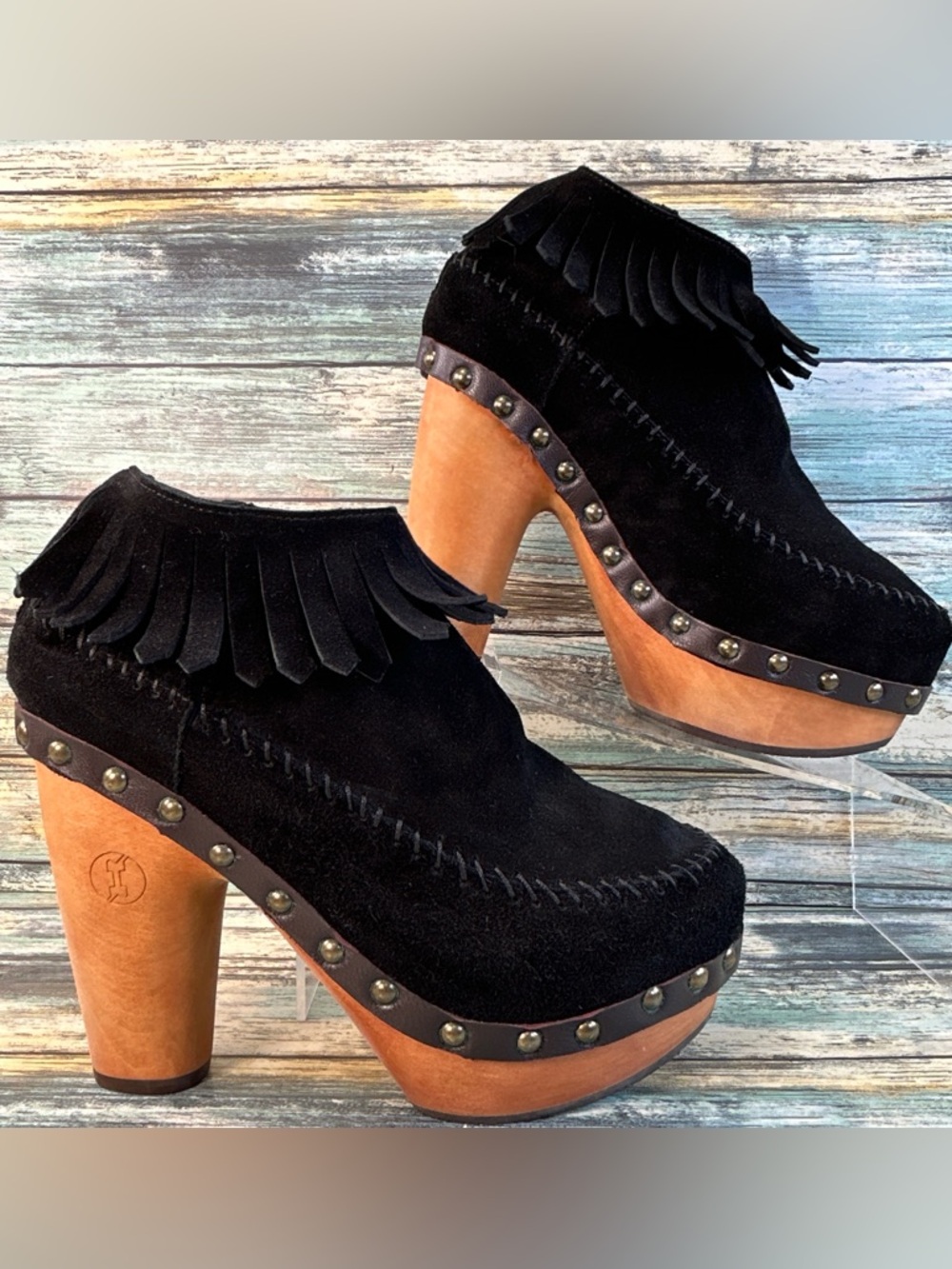 Flogg Davina Fringe Platform Booties Womens 5.5 Black Suede Wood Moccasin Style